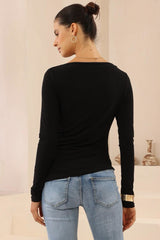 Slate Top - Boat Neck Long Sleeve Top in Black