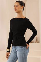 Slate Top - Boat Neck Long Sleeve Top in Black