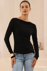 Slate Top - Boat Neck Long Sleeve Top in Black