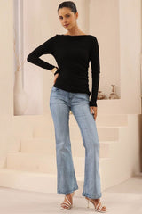 Slate Top - Boat Neck Long Sleeve Top in Black