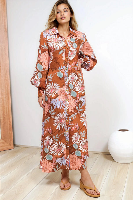 Sloane Maxi Dress - Collared Button Down Shirt Dress with Wrap Waist Tie in Perla Print