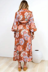 Sloane Maxi Dress - Collared Button Down Shirt Dress with Wrap Waist Tie in Perla Print