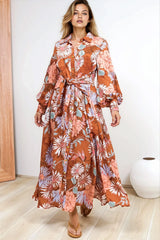 Sloane Maxi Dress - Collared Button Down Shirt Dress with Wrap Waist Tie in Perla Print