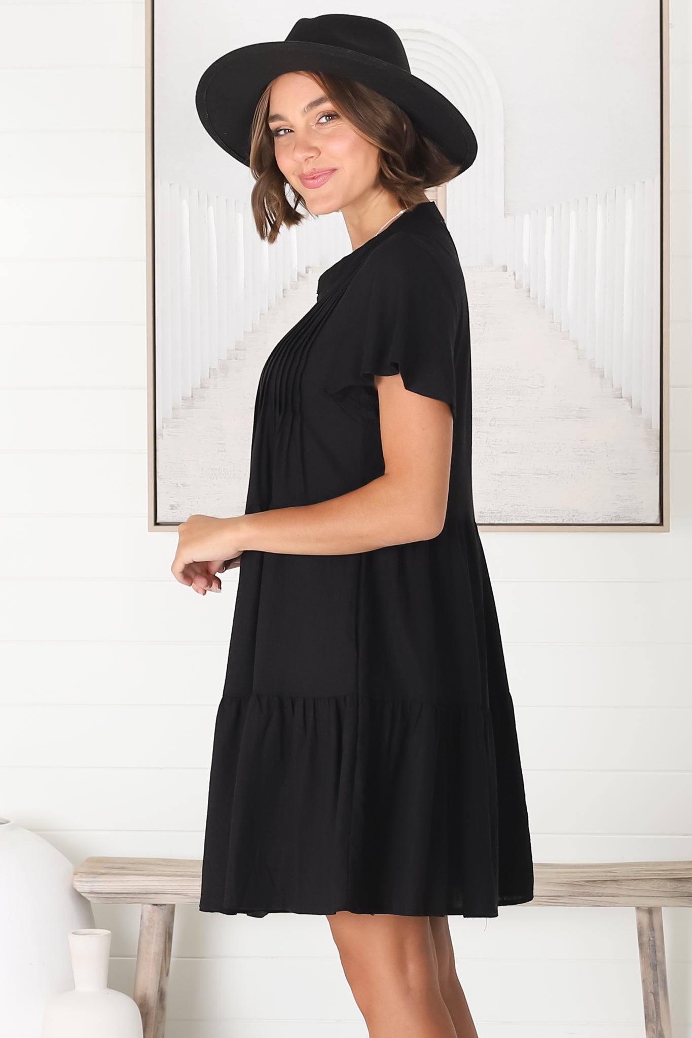 Sloane Mini Dress - Mandarin Collar Pleated Bodice Tiered Smock Dress in Black
