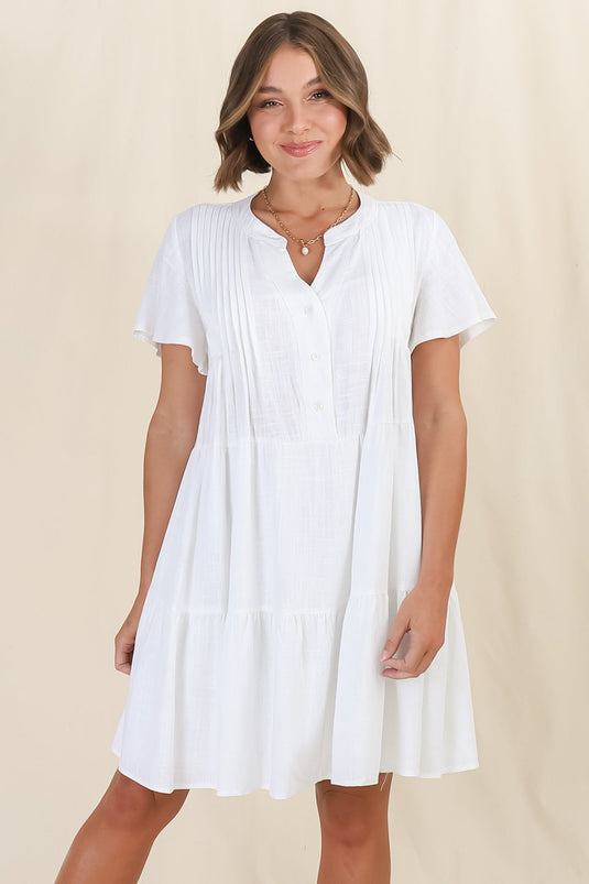Sloane Mini Dress - Mandarin Collar Pleated Bodice Tiered Smock Dress in White