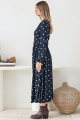 Soho Midi Dress - V Neck Button Down Tiered Dress with Pockets in Parisian Polka Print Navy