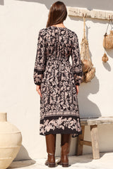 Soho Midi Dress - V Neck Button Down Tiered Dress with Pockets in Villa Print