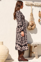 Soho Midi Dress - V Neck Button Down Tiered Dress with Pockets in Villa Print