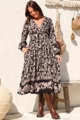 Soho Midi Dress - V Neck Button Down Tiered Dress with Pockets in Villa Print