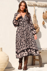 Soho Midi Dress - V Neck Button Down Tiered Dress with Pockets in Villa Print