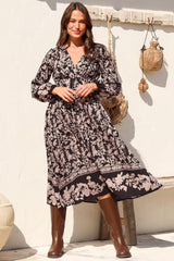 Soho Midi Dress - V Neck Button Down Tiered Dress with Pockets in Villa Print