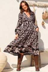 Soho Midi Dress - V Neck Button Down Tiered Dress with Pockets in Villa Print