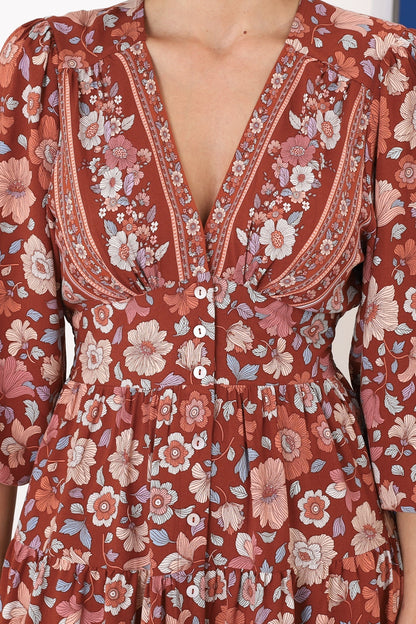 Soho Mini Dress - A Line Button Down Tiered Dress in Anissa Print Rust