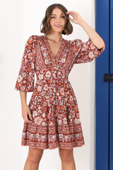 Soho Mini Dress - A Line Button Down Tiered Dress in Anissa Print Rust