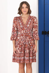 Soho Mini Dress - A Line Button Down Tiered Dress in Anissa Print Rust