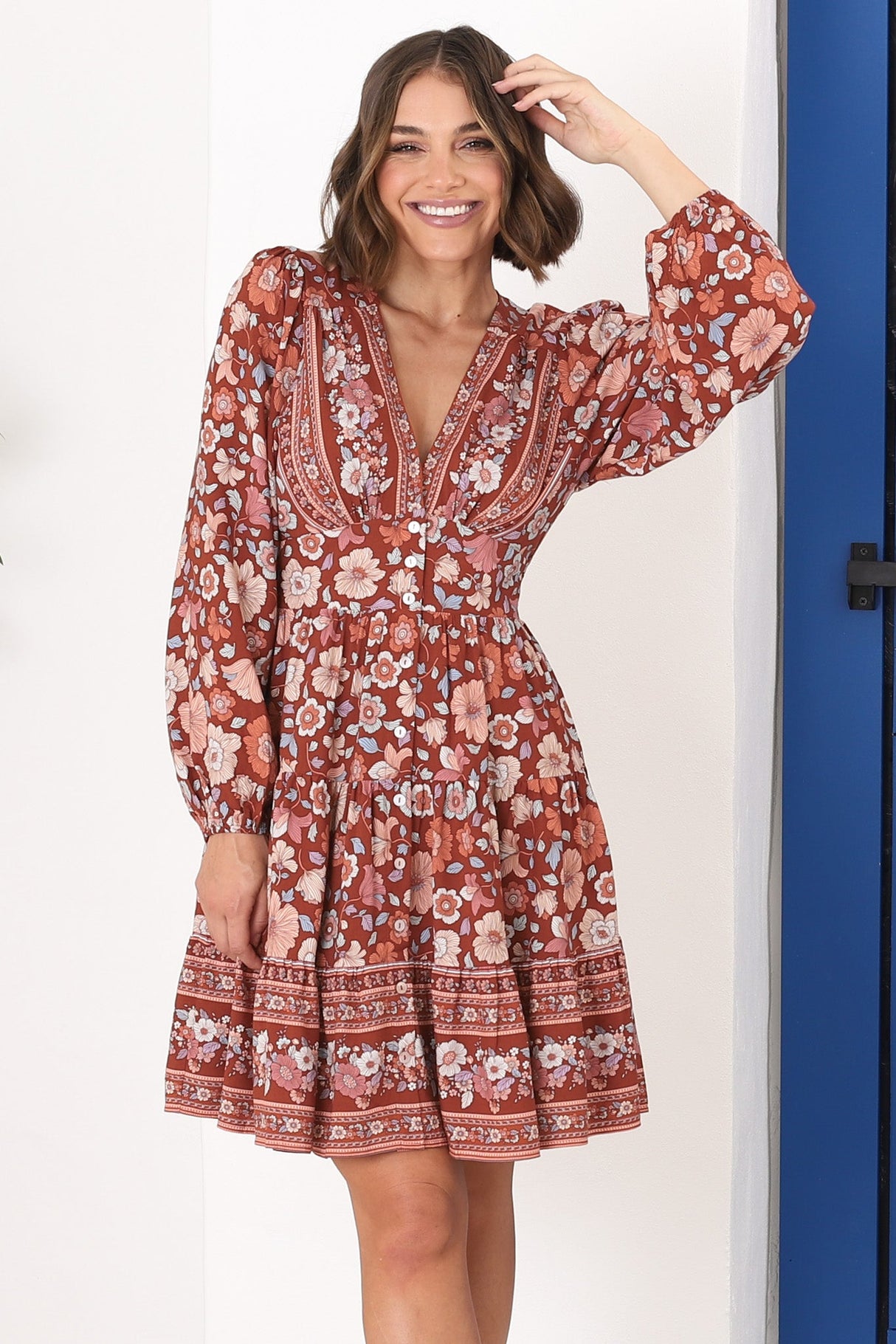 Soho Mini Dress - A Line Button Down Tiered Dress in Anissa Print Rust