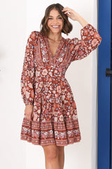 Soho Mini Dress - A Line Button Down Tiered Dress in Anissa Print Rust