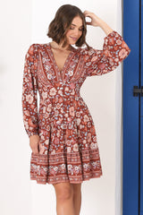 Soho Mini Dress - A Line Button Down Tiered Dress in Anissa Print Rust