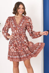 Soho Mini Dress - A Line Button Down Tiered Dress in Anissa Print Rust