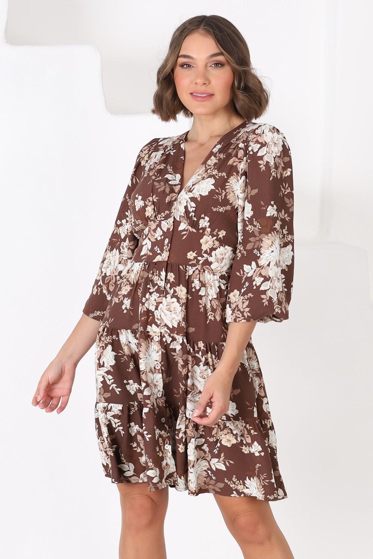 Soho Mini Dress - A Line Button Down Tiered Dress in Berna Print Brown