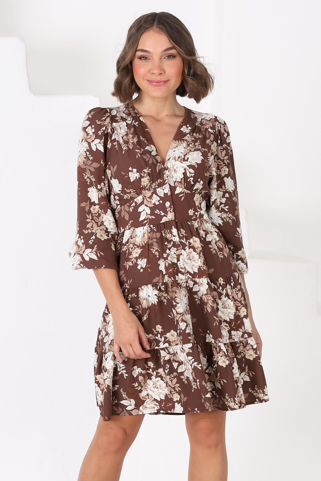 Soho Mini Dress - A Line Button Down Tiered Dress in Berna Print Brown