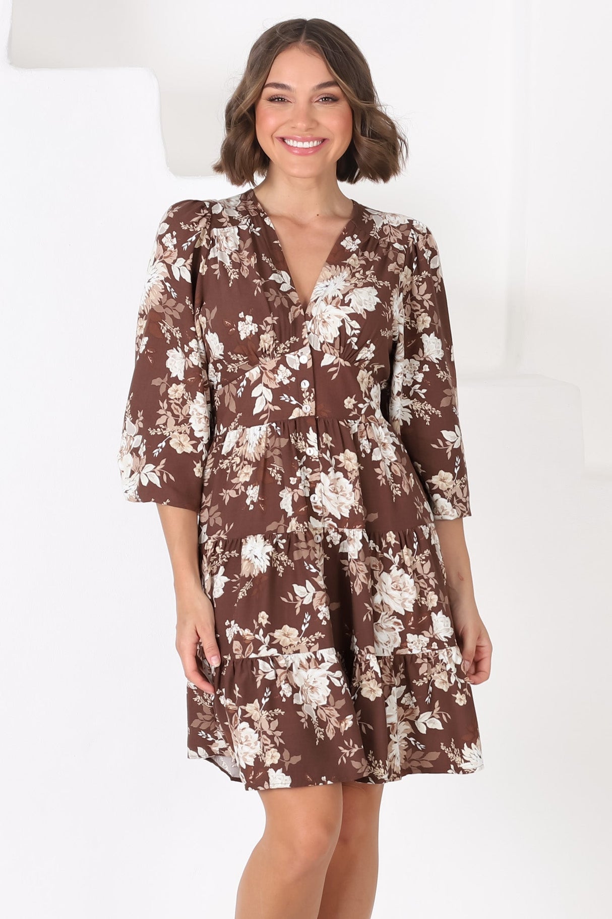 Soho Mini Dress - A Line Button Down Tiered Dress in Berna Print Brown