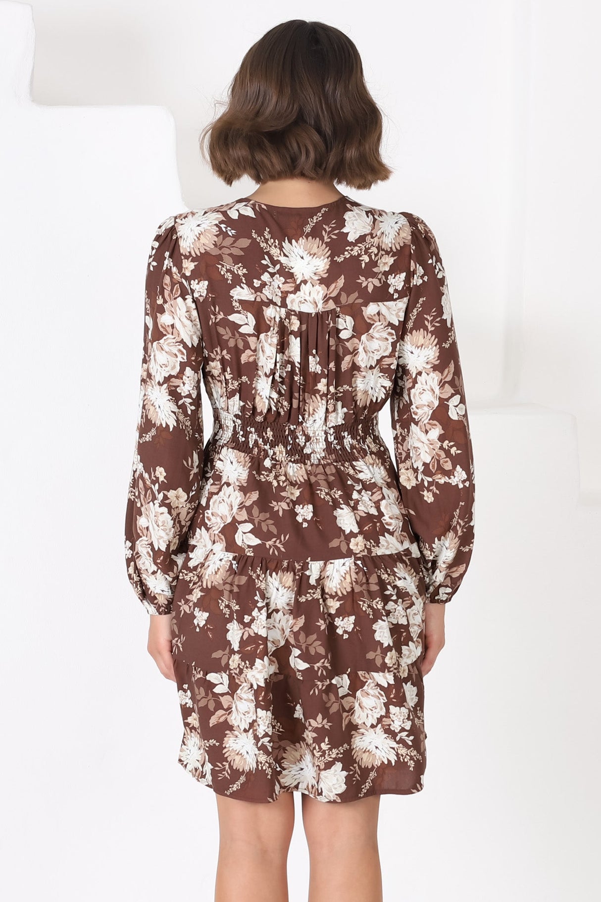 Soho Mini Dress - A Line Button Down Tiered Dress in Berna Print Brown