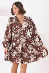 Soho Mini Dress - A Line Button Down Tiered Dress in Berna Print Brown