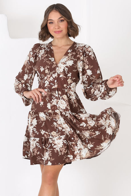 Soho Mini Dress - A Line Button Down Tiered Dress in Berna Print Brown