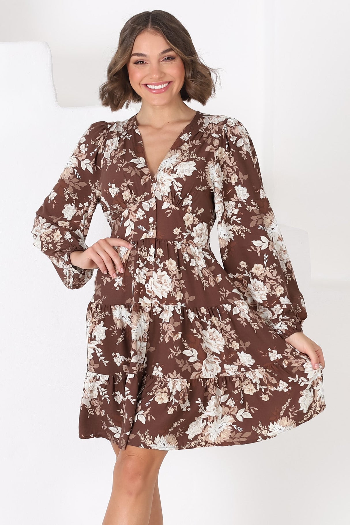 Soho Mini Dress - A Line Button Down Tiered Dress in Berna Print Brown