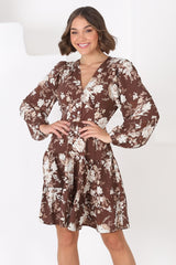 Soho Mini Dress - A Line Button Down Tiered Dress in Berna Print Brown