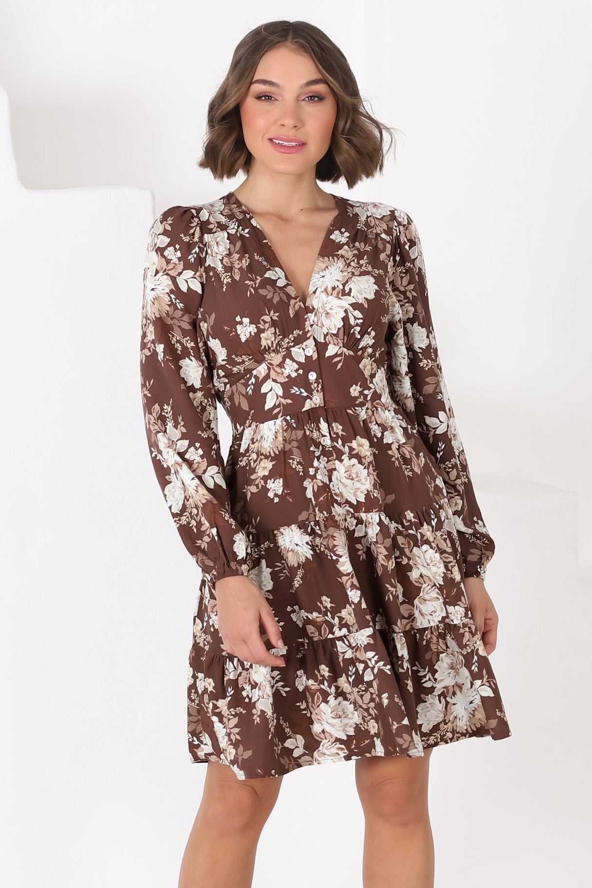 Soho Mini Dress - A Line Button Down Tiered Dress in Berna Print Brown