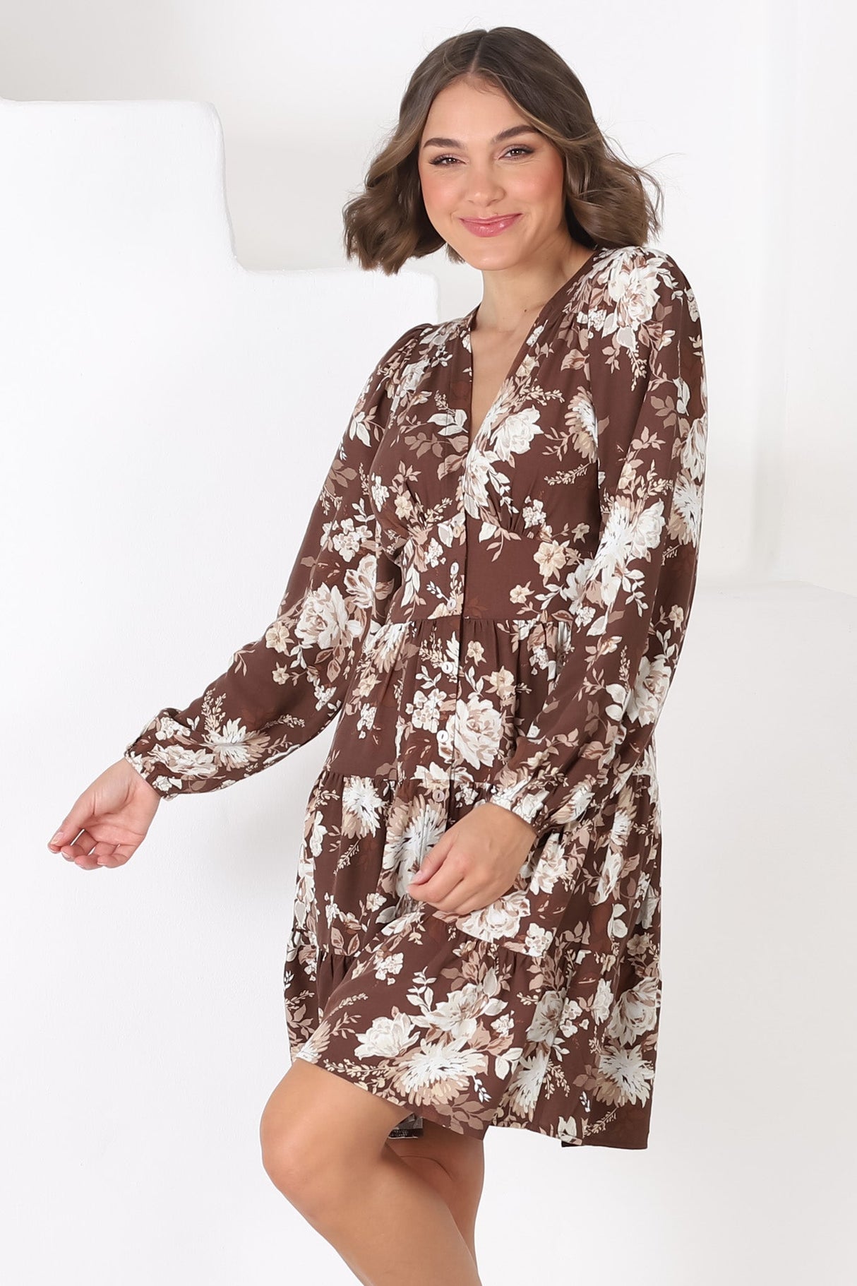 Soho Mini Dress - A Line Button Down Tiered Dress in Berna Print Brown