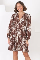 Soho Mini Dress - A Line Button Down Tiered Dress in Berna Print Brown