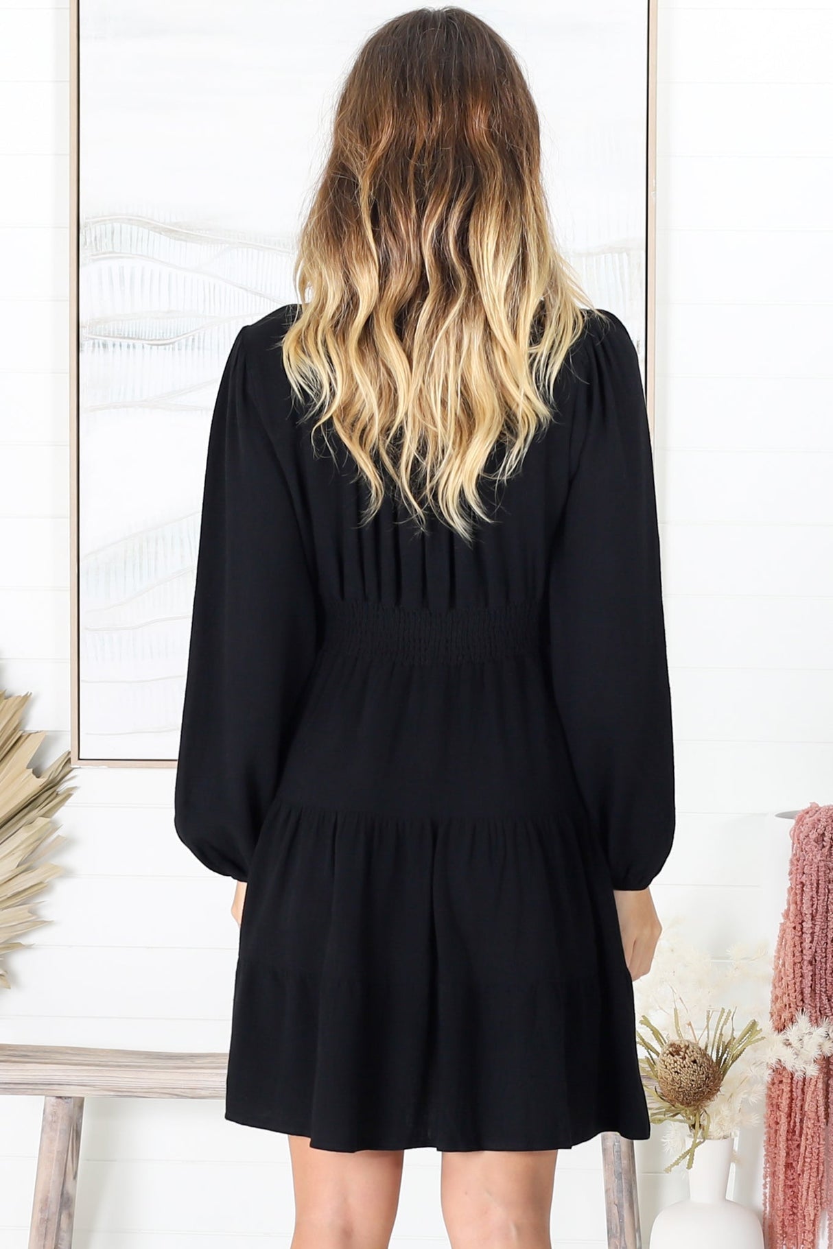 Soho Mini Dress - A Line Button Down Tiered Dress in Black