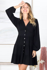 Soho Mini Dress - A Line Button Down Tiered Dress in Black