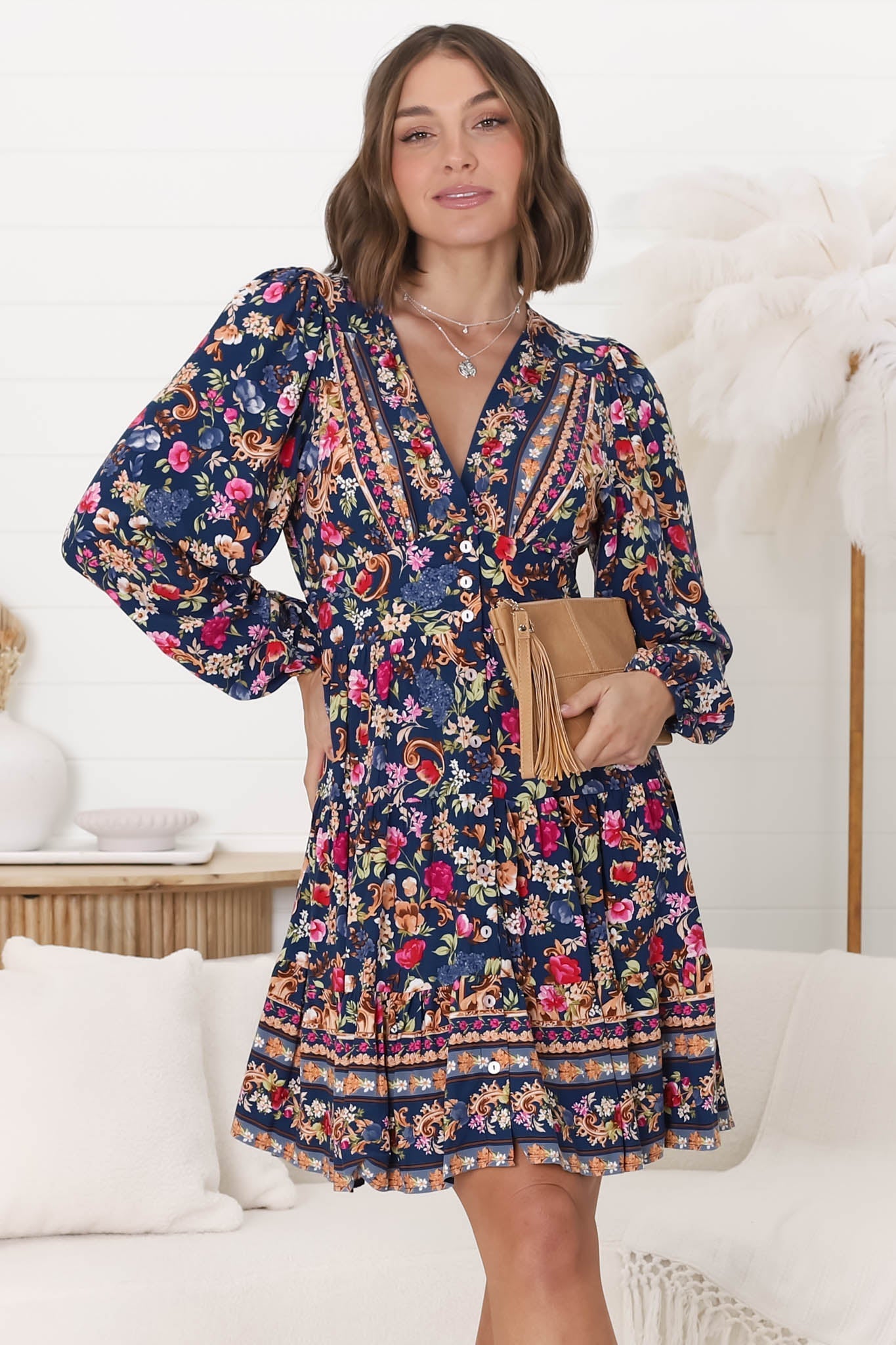 Soho Mini Dress - A Line Button Down Tiered Dress in Elyce Print