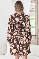 Soho Mini Dress - A Line Button Down Tiered Dress in Hollis Print Brown