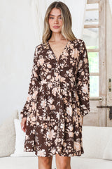 Soho Mini Dress - A Line Button Down Tiered Dress in Hollis Print Brown