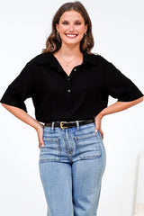 Solana Top - Collared Buttoned Neckline Boxy Tee in Black