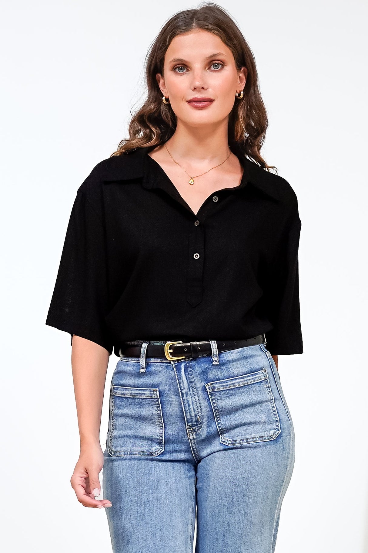 Solana Top - Collared Buttoned Neckline Boxy Tee in Black