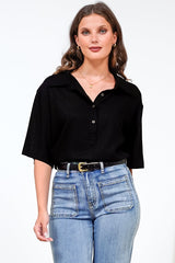 Solana Top - Collared Buttoned Neckline Boxy Tee in Black