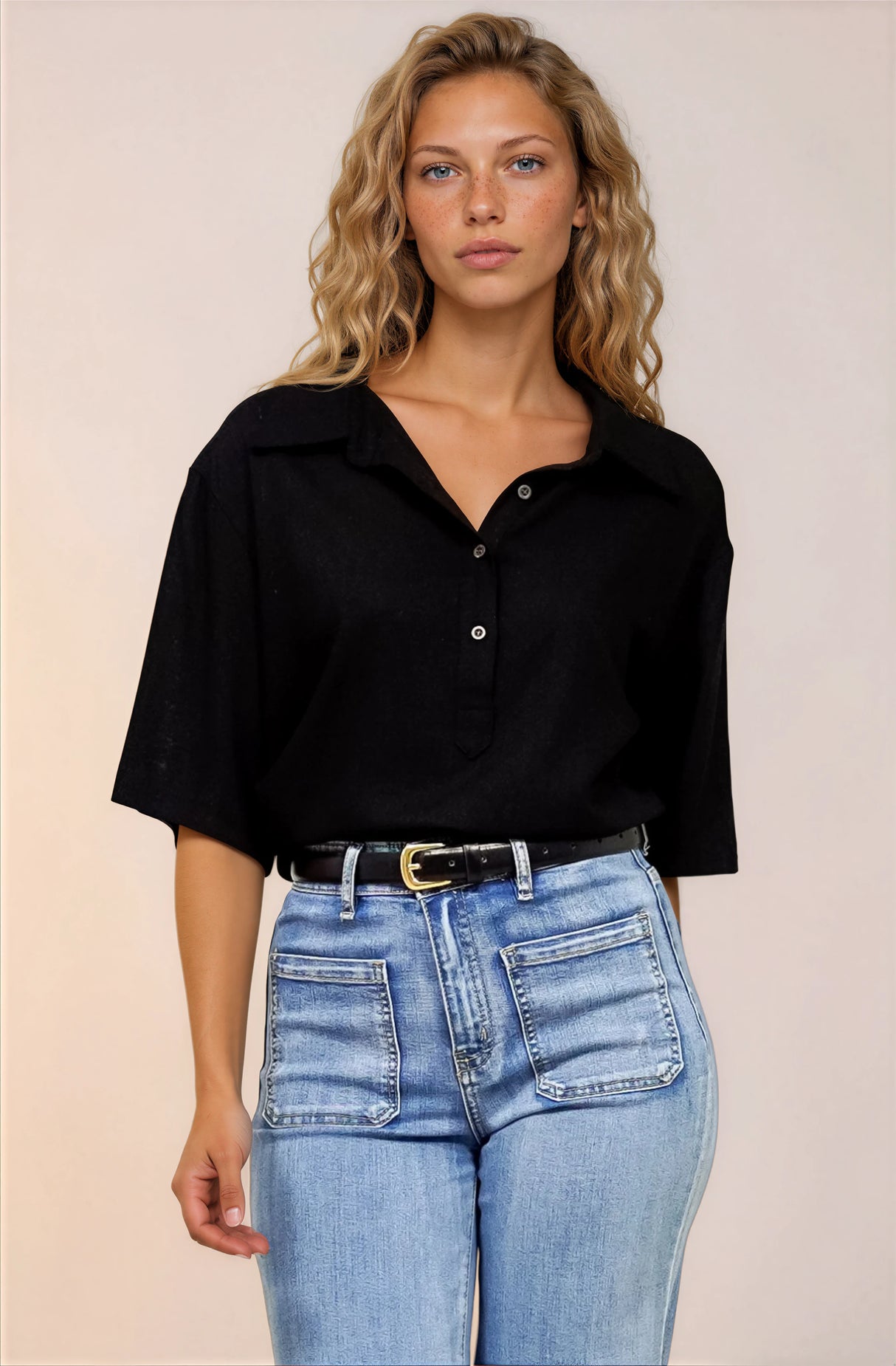 Solana Top - Collared Buttoned Neckline Boxy Tee in Black