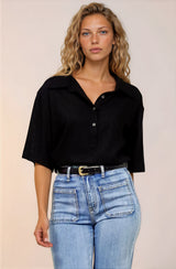 Solana Top - Collared Buttoned Neckline Boxy Tee in Black