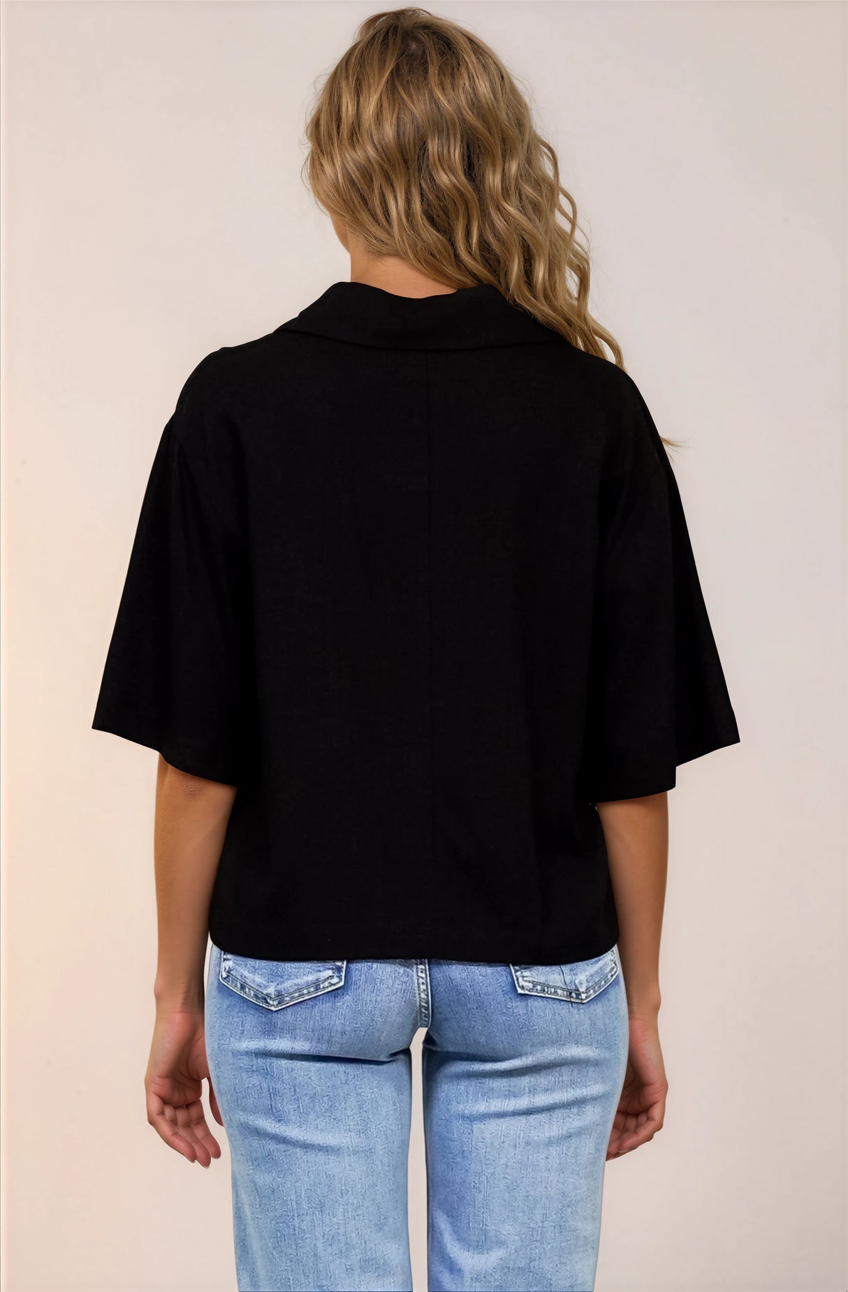 Solana Top - Collared Buttoned Neckline Boxy Tee in Black
