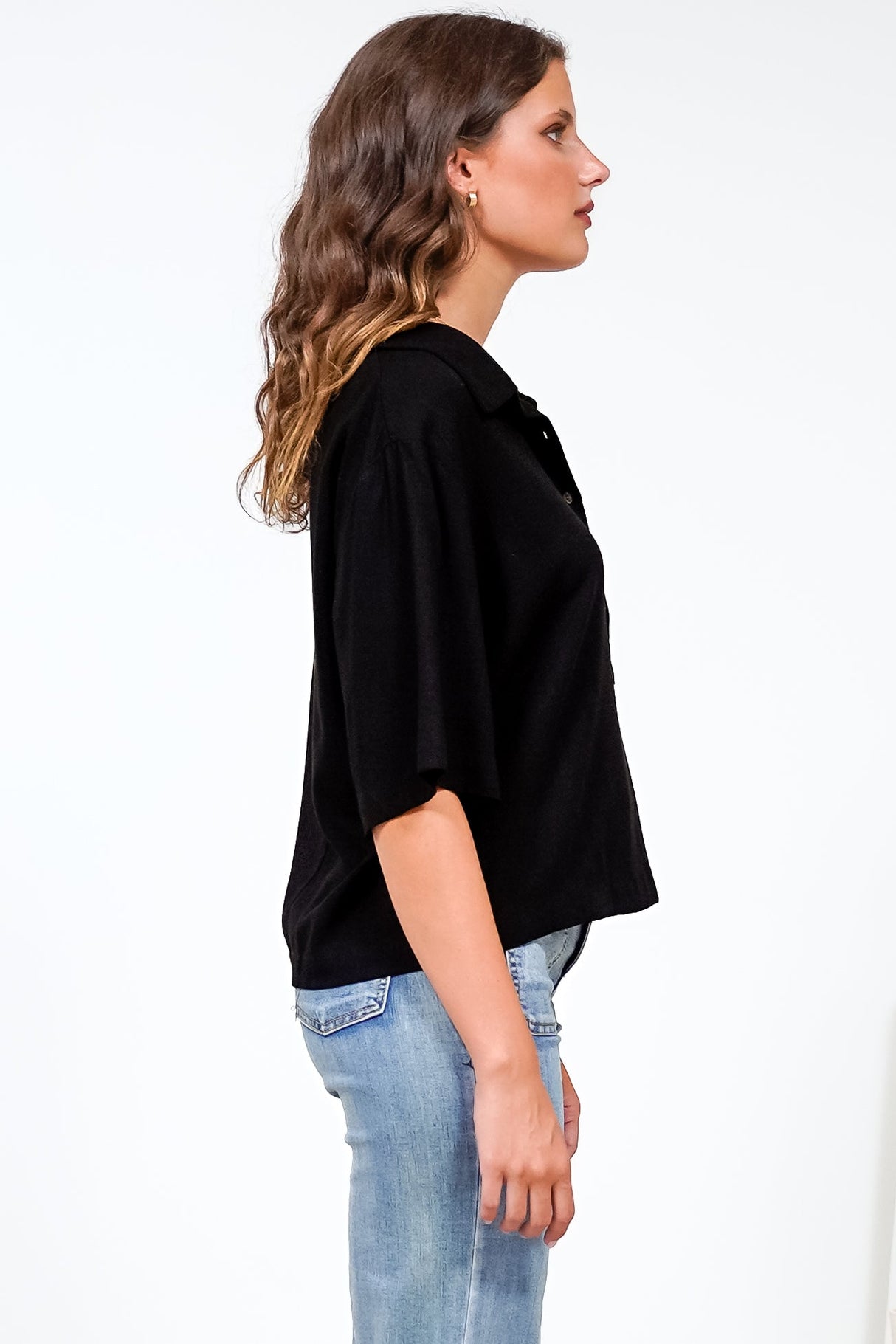 Solana Top - Collared Buttoned Neckline Boxy Tee in Black
