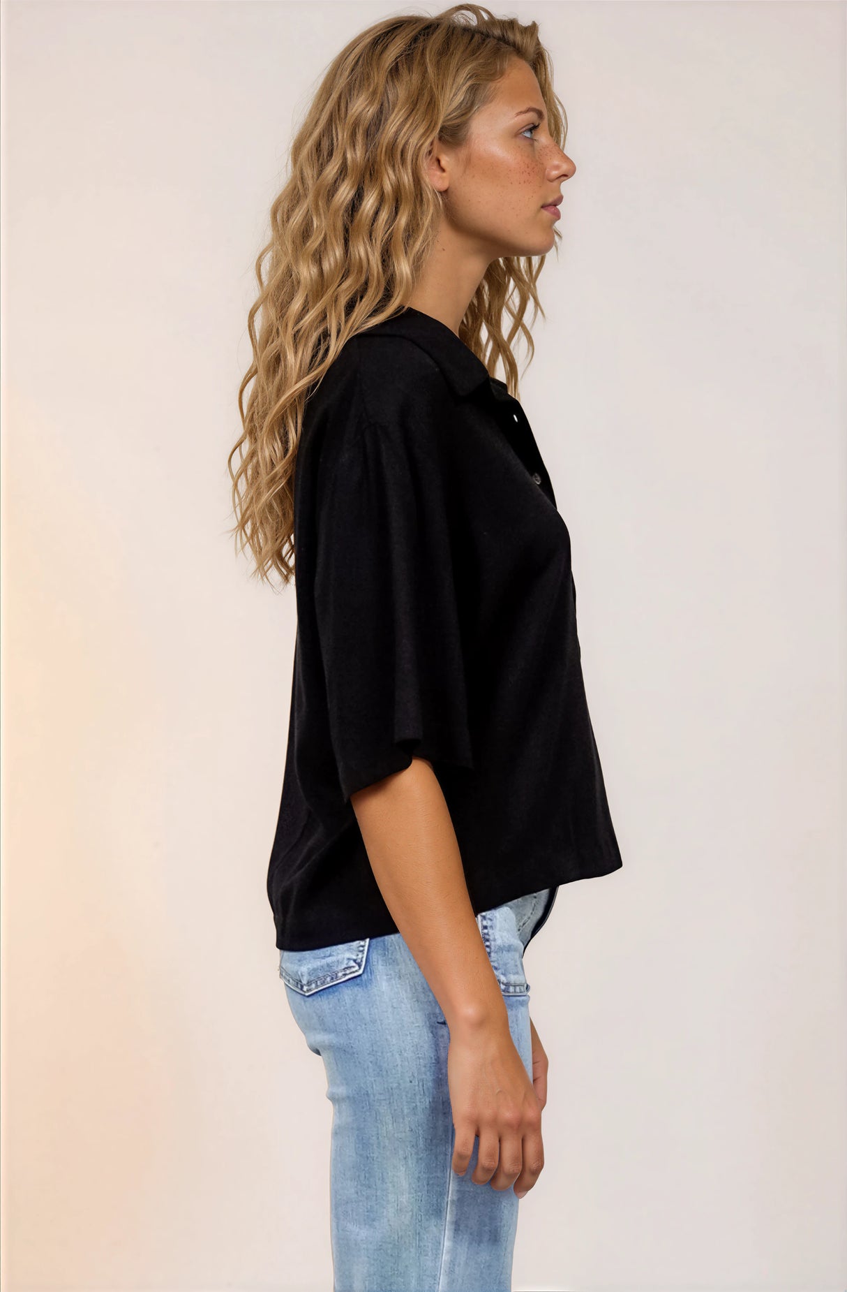 Solana Top - Collared Buttoned Neckline Boxy Tee in Black