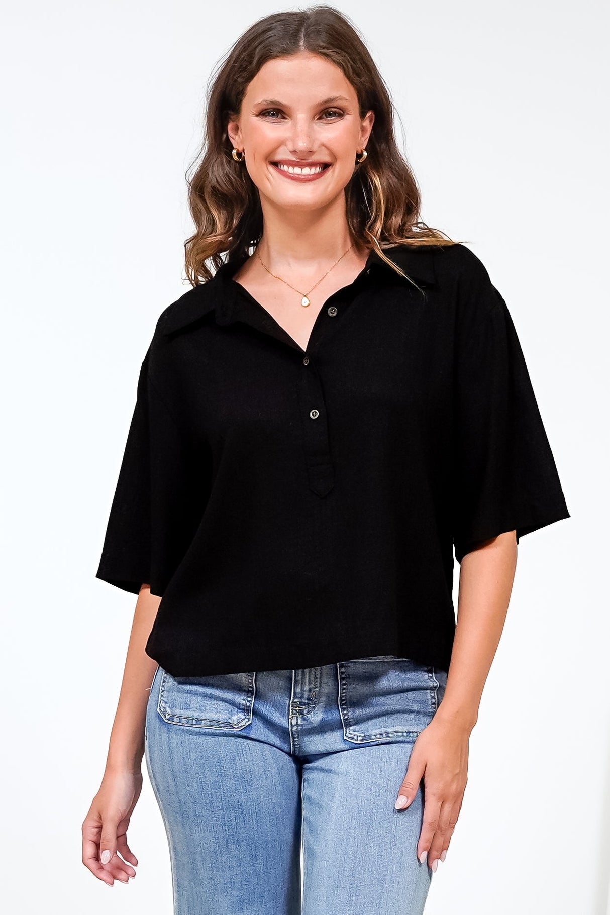 Solana Top - Collared Buttoned Neckline Boxy Tee in Black