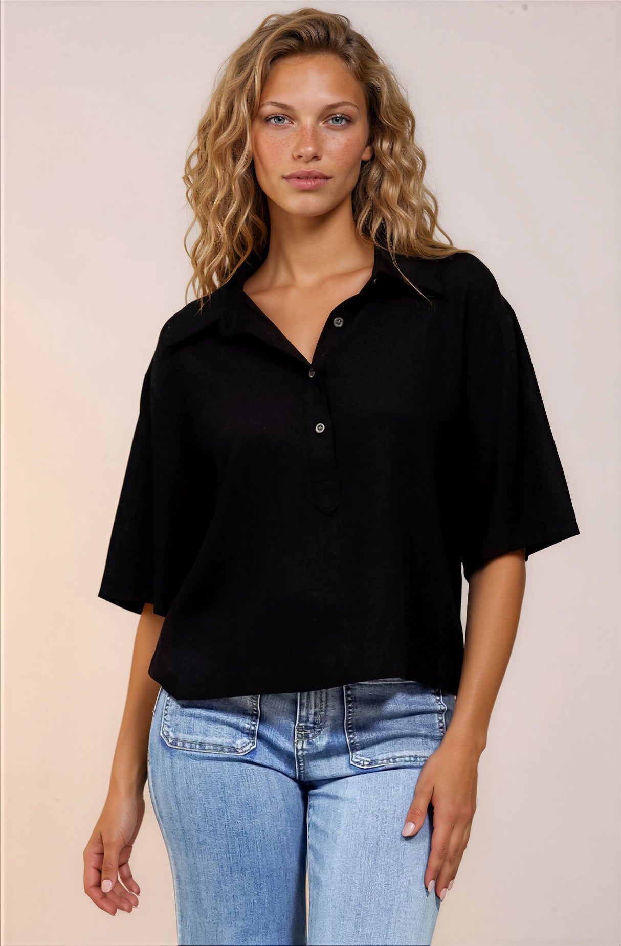 Solana Top - Collared Buttoned Neckline Boxy Tee in Black