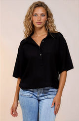 Solana Top - Collared Buttoned Neckline Boxy Tee in Black